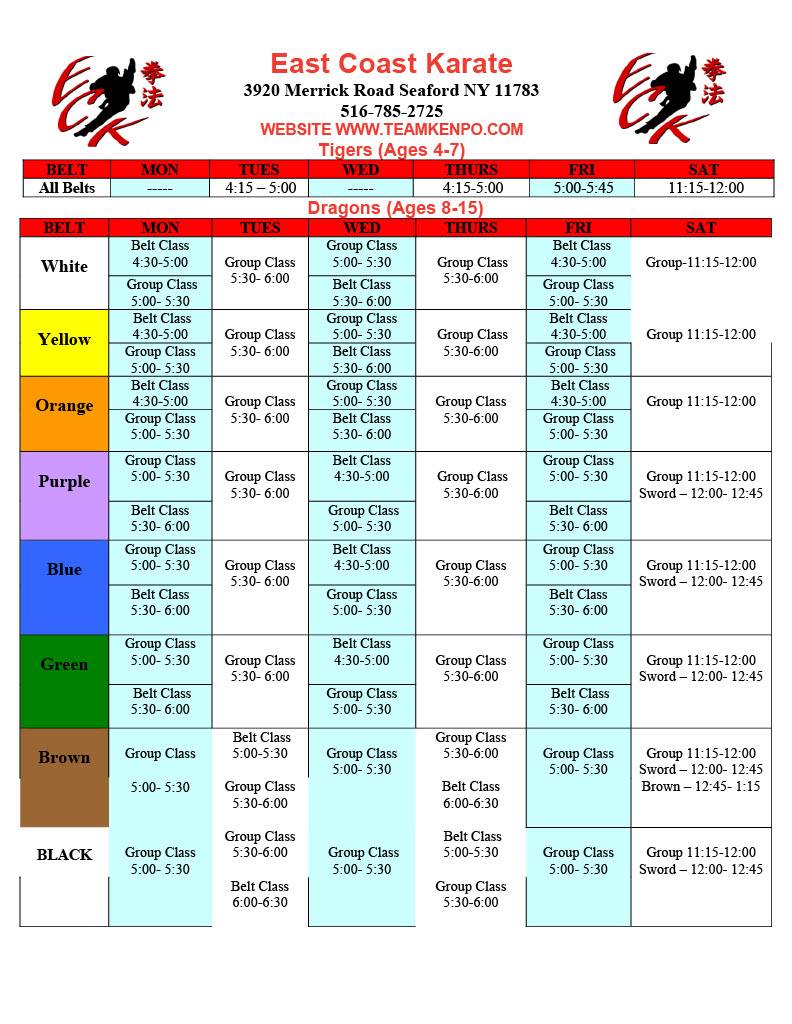 Schedules East Coast Karate